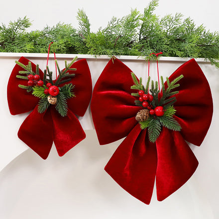 Burgundy Velvet Bow Christmas Tree Ornament, Berry Branch Decoration