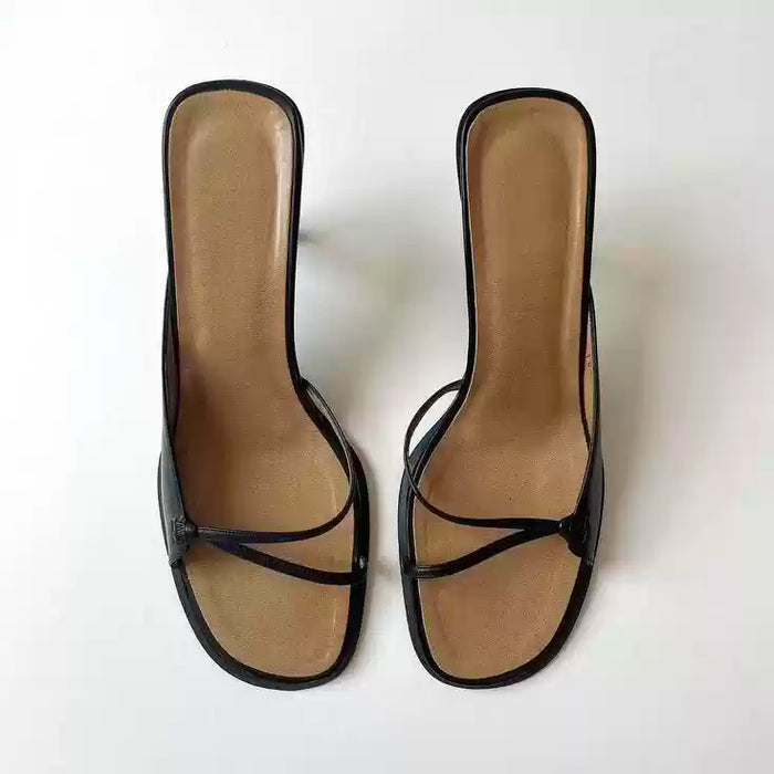 Women's Square Toe One-Step Leather Open Toe Sandals