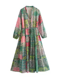 Women's loose printed gold silk long sleeve dress