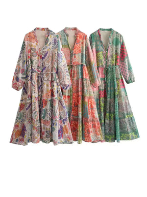 Women's loose printed gold silk long sleeve dress