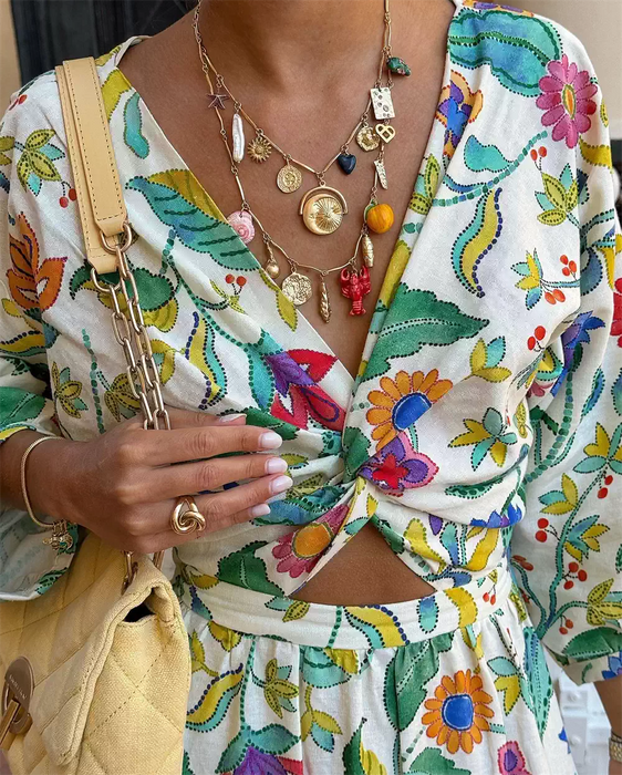 Bohemian holiday style V-neck printed loose casual dress