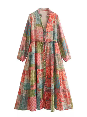 Women's loose printed gold silk long sleeve dress