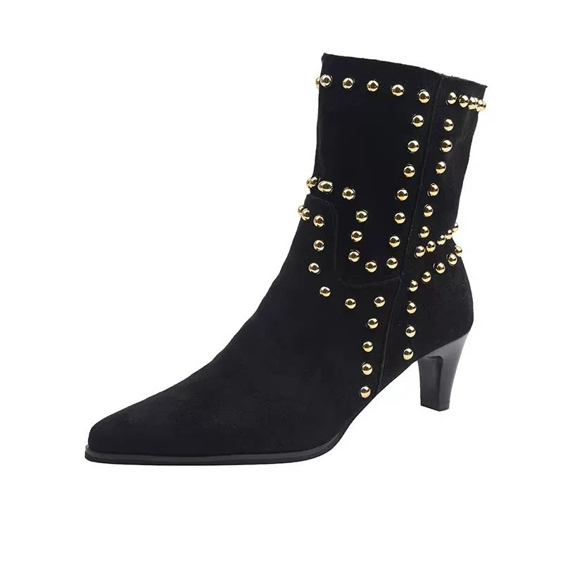 Women’s Brown Suede Western Ankle Boots - 黑色外贸特供