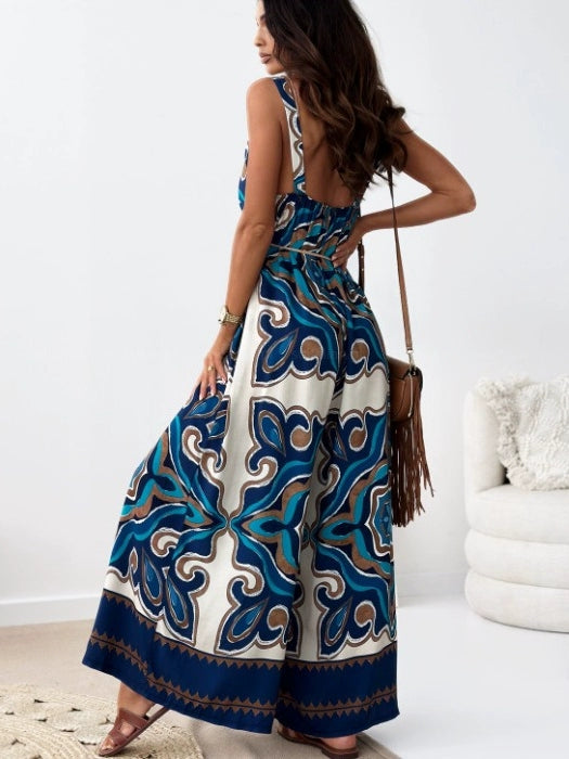 Bohemian V-neck leaf print backless hanging casual loose wide-leg jumpsuit