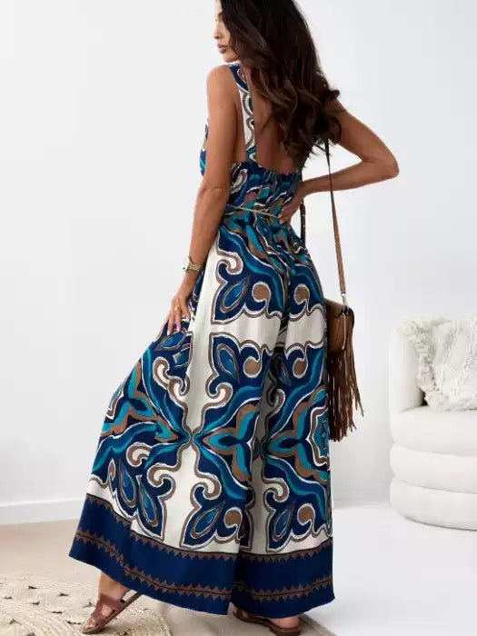 Bohemian V-neck leaf print backless hanging casual loose wide-leg jumpsuit