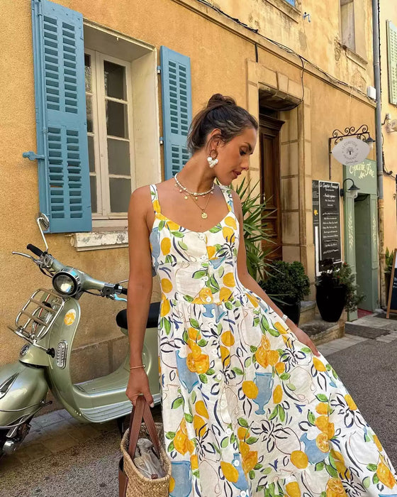 Summer fresh print midi waist suspender dress