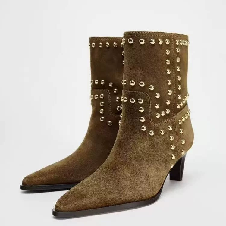 Women’s Brown Suede Western Ankle Boots - 深棕色外贸特供