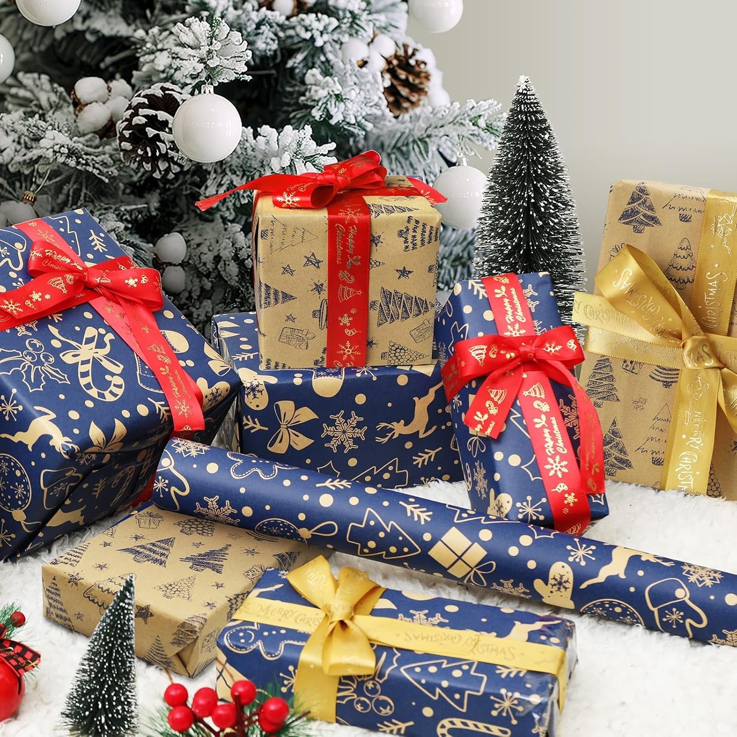 Christmas Wrapping Paper Roll Xmas Gift Wrap, Luxury Wrapping Papers 43Cm*10M Double-Sides Kraft Present Wrap Ornament for Secret Santa Claus Party New Year Festive Holiday