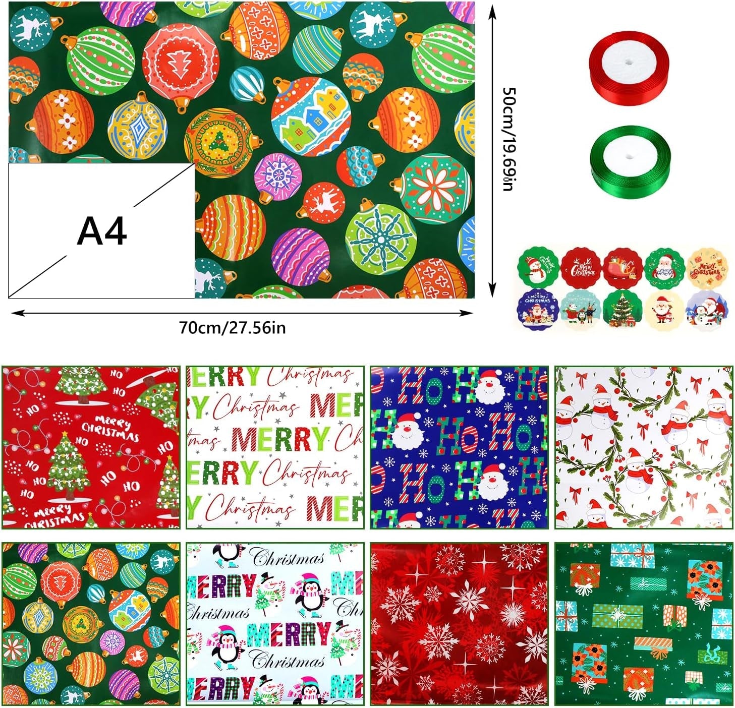 16 Sheets Christmas Gifts Wrapping Papers Set with Ribbon and Stickers, Thick Recyclable Xmas Gift Wrap Paper for Kids Children Adults Present Arts Crafts Decorations, Large Size 50X70 Cm