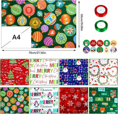 16 Sheets Christmas Gifts Wrapping Papers Set with Ribbon and Stickers, Thick Recyclable Xmas Gift Wrap Paper for Kids Children Adults Present Arts Crafts Decorations, Large Size 50X70 Cm
