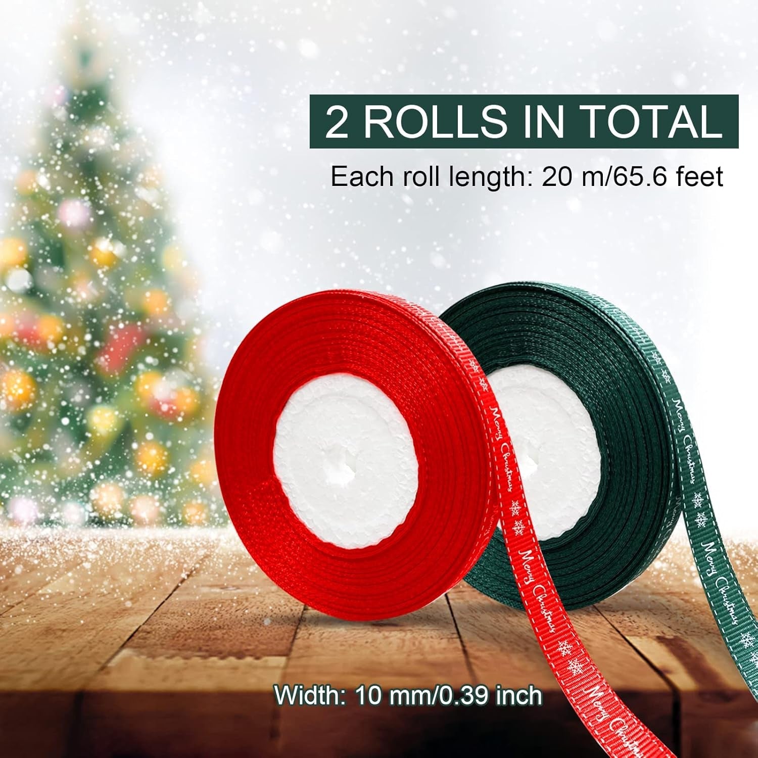2 Rolls 43 Yard Merry Christmas Grosgrain Wrapping Rope with Snowflake Pattern for Christmas Favor Party DIY Crafts Package Decor (White Font)