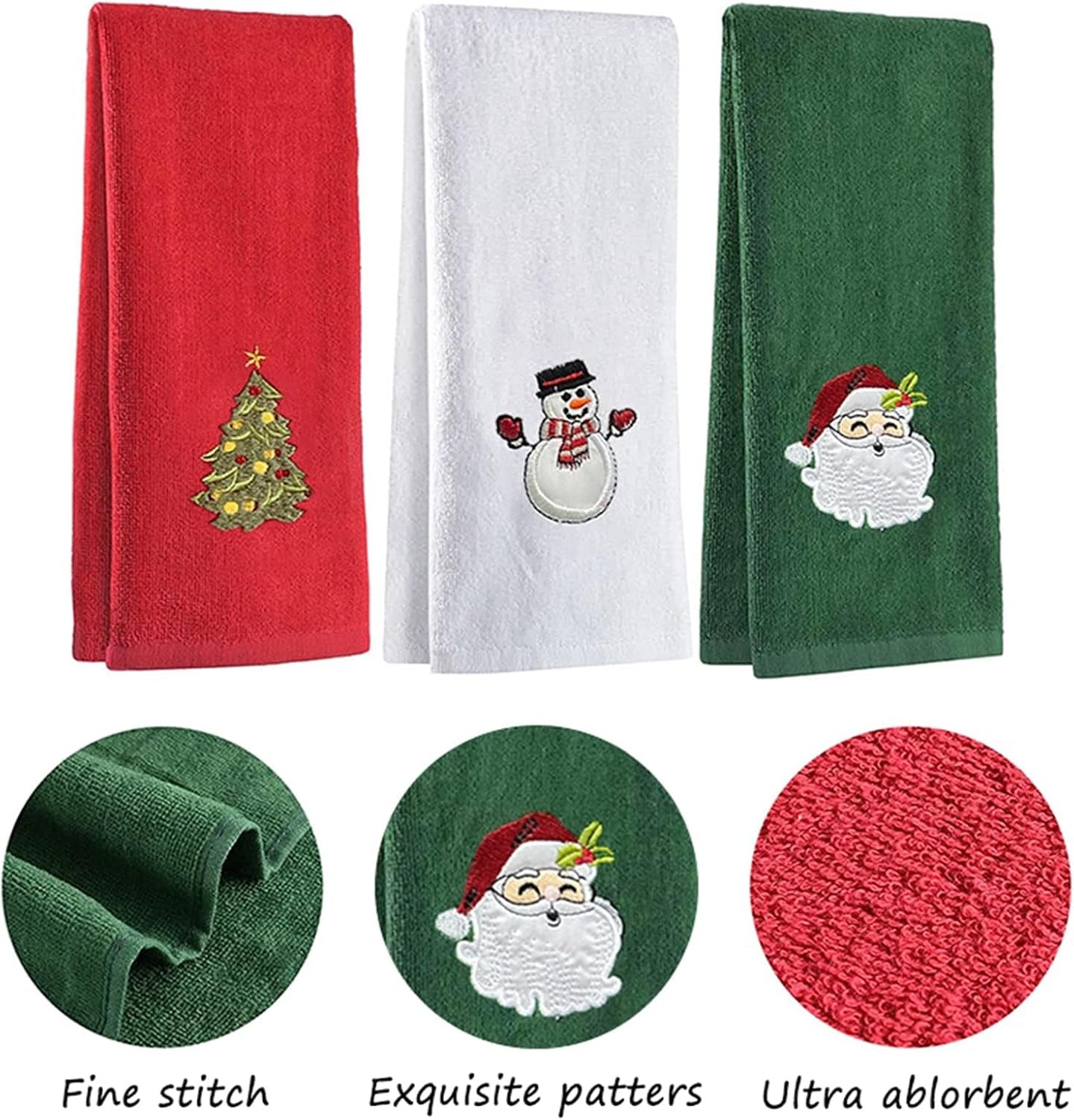 Set of 3 Hand Towels for Kitchen and Bathroom 12X18In Cotton Embroidered Dish Towels Christmas Theme Decorative Towels Gift (Red White Green, One Size)