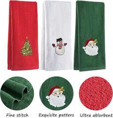 Set of 3 Hand Towels for Kitchen and Bathroom 12X18In Cotton Embroidered Dish Towels Christmas Theme Decorative Towels Gift (Red White Green, One Size)