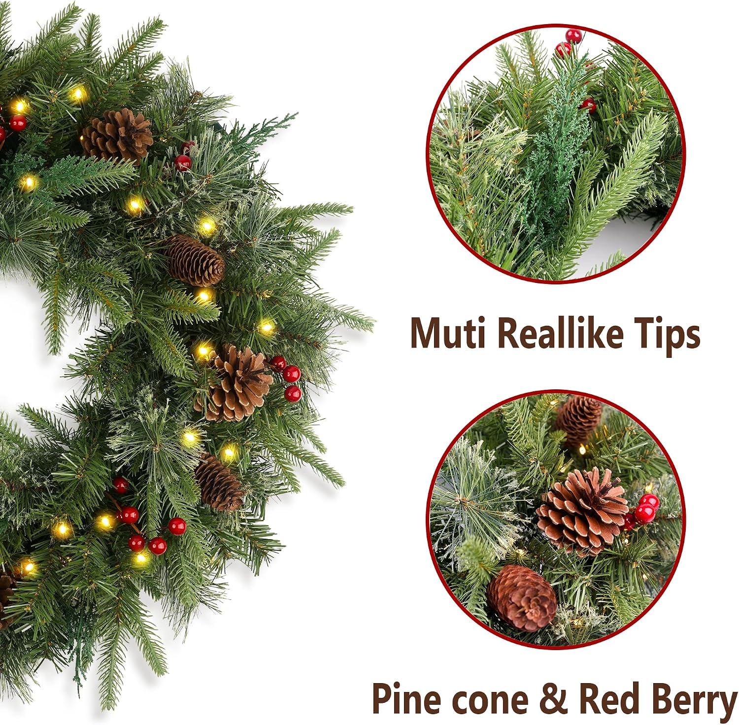 Christmas Wreath Pre-Lit 24 Inch with 50 Light & Pine Cone, Artificial Christmas Wreaths for Front Door with Lights, Wreath for Christmas Decoration Door Windows Wall Green