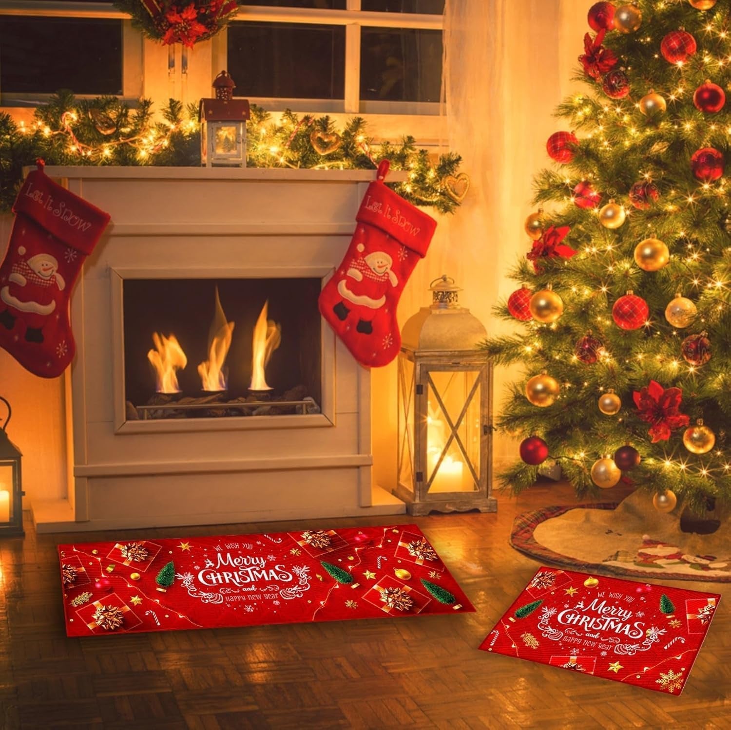 Christmas Rug Set Christmas Indoor Floor Red Rug, Xmas Door Mat Runner Rug Mat for Kitchen Home Decor Washable Runner. (Style B, 43X150+43X75Cm)