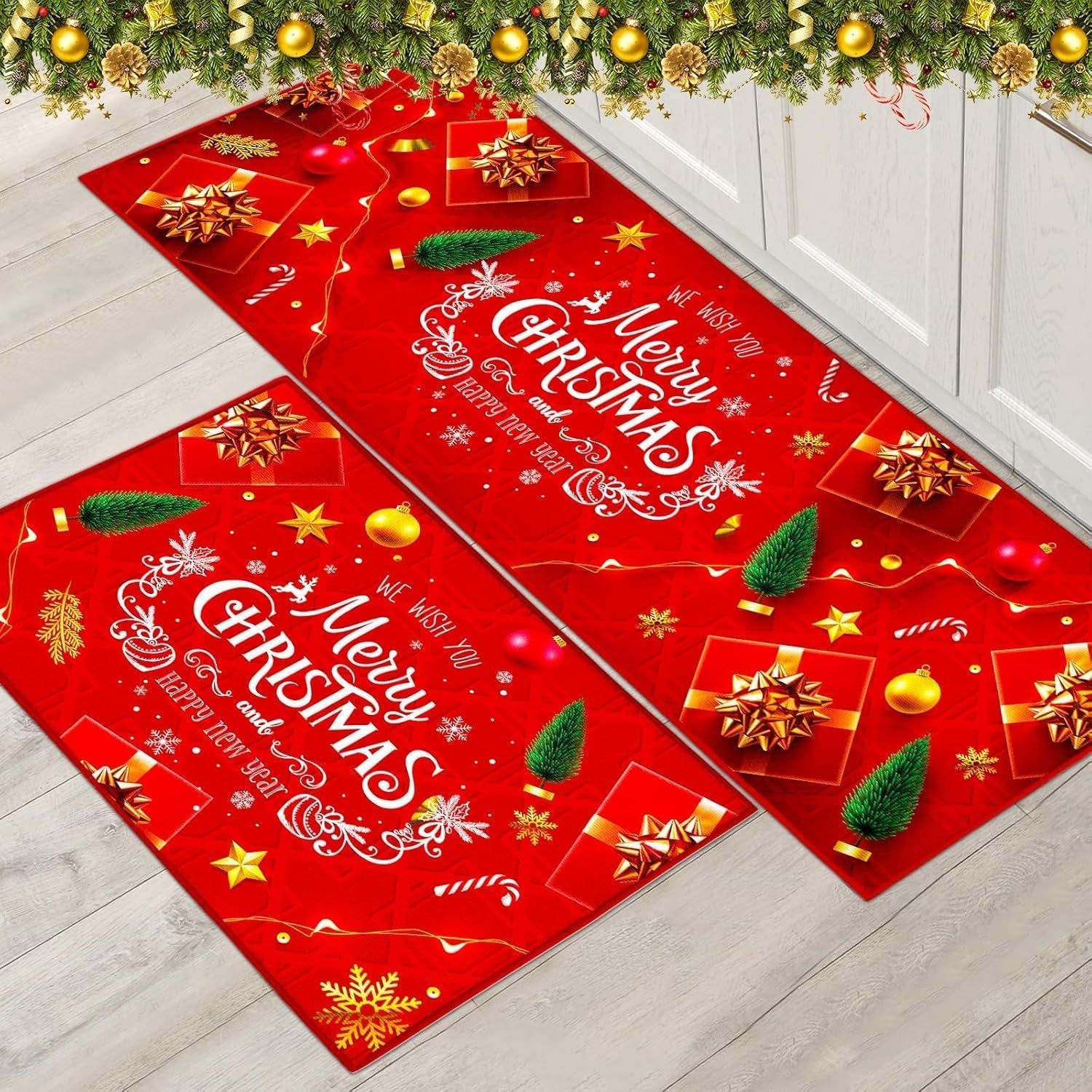 Christmas Rug Set Christmas Indoor Floor Red Rug, Xmas Door Mat Runner Rug Mat for Kitchen Home Decor Washable Runner. (Style B, 43X150+43X75Cm)