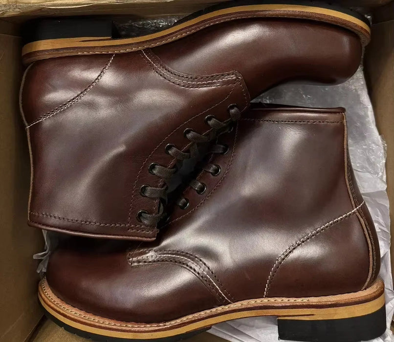 Vintage High Quality Handmade Men Boots Goodyear-Welted Cow Leather round Toe Wedge Ankle Boots Tooling Motorcycle Boots