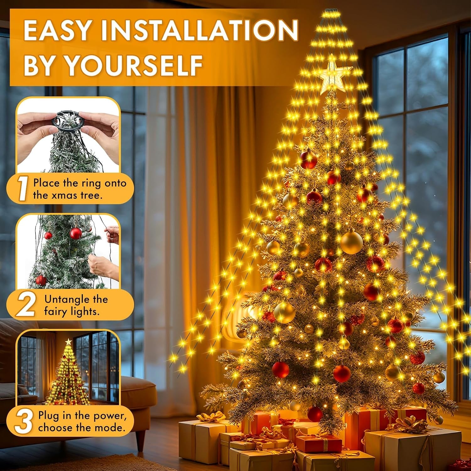 Christmas Tree Lights, 2M 12 Strands 300 LED Christmas Lights Indoor Outdoor with Remote/8 Modes/Timer/Dimmable, IP65 Waterproof Warm White Fairy String Lights for Xmas Tree Decor