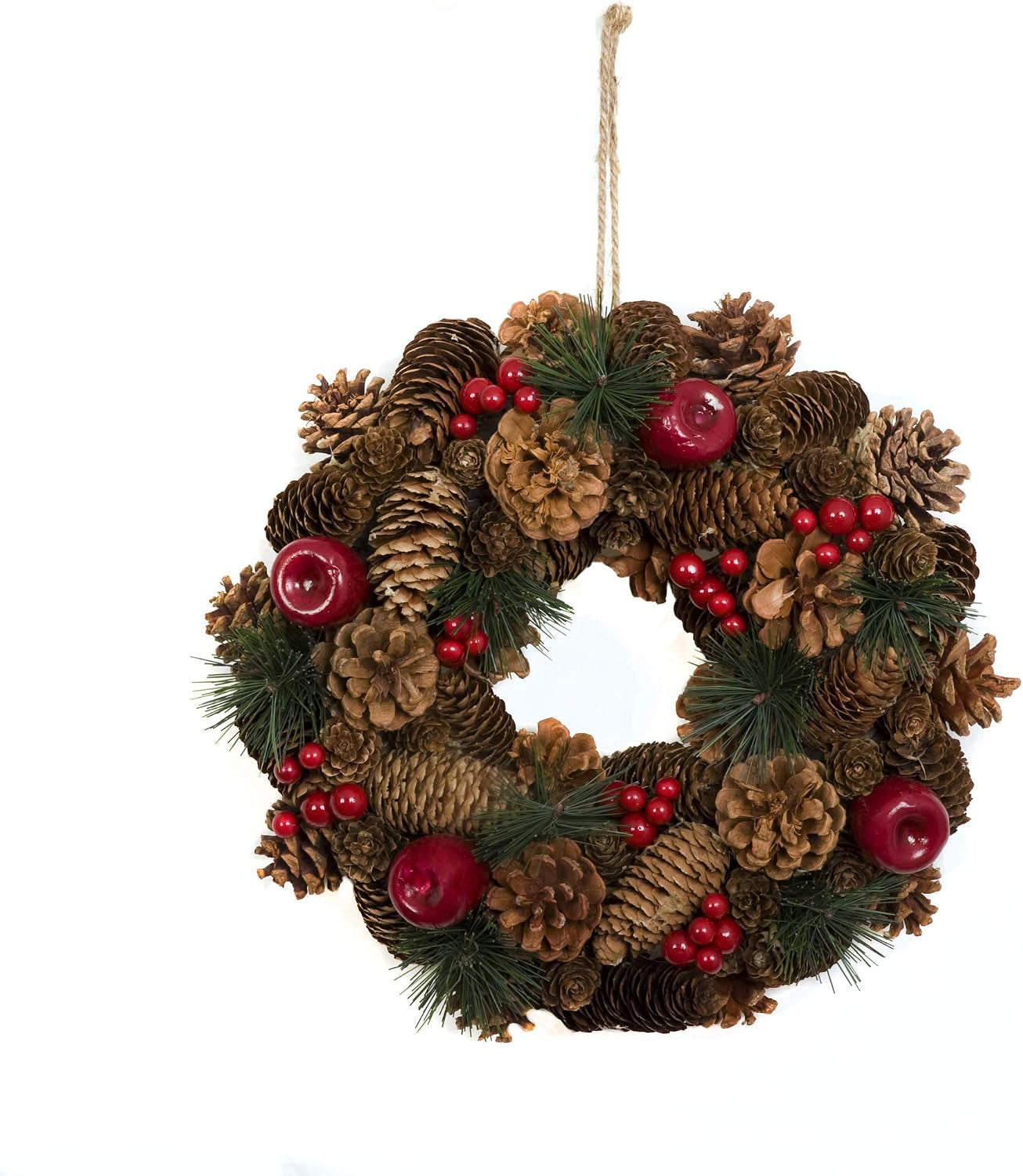 Christmas Hanging Wreath 32Cm- Festive Pine Cone Display with Red Berries, D1224
