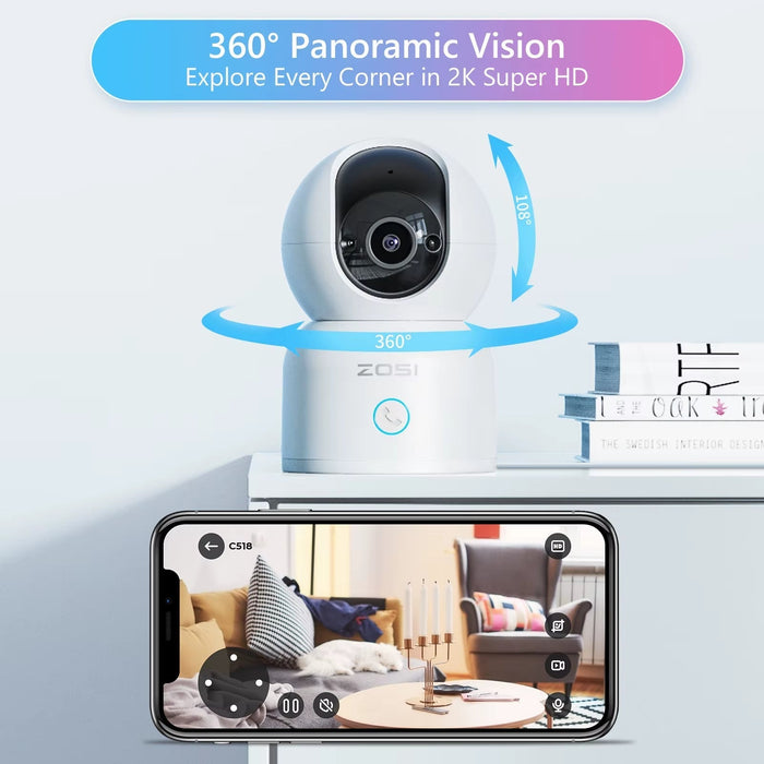 Indoor Pan/Tilt Smart Security Camera C518 2K 360 Degree Baby Pet Monitor 2.4G/5G Dual-Band Wifi Home Cam with Phone APP