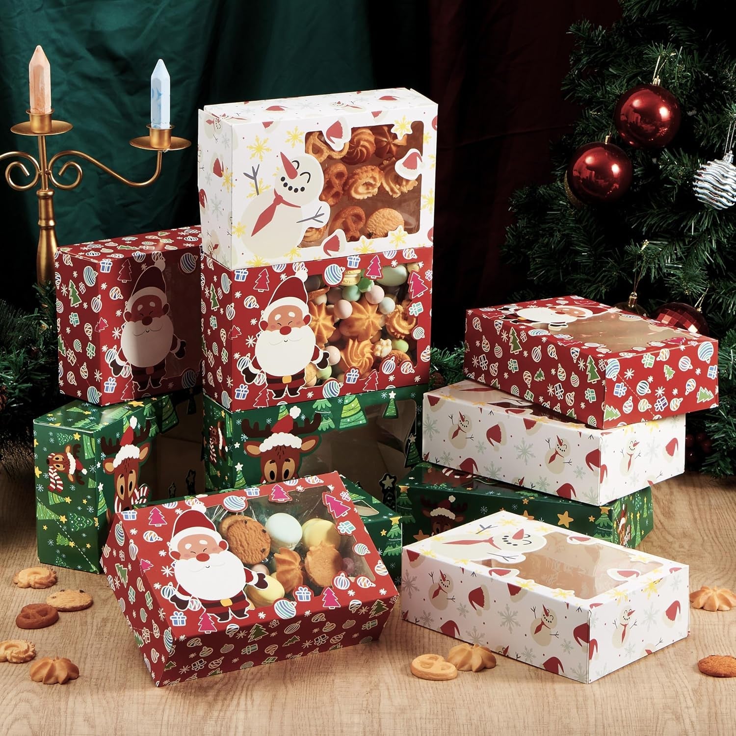 12 PCS Christmas Cookie Boxes for Gift Giving, 8.75" X 5.75" X 2.75" Bakery Treat Boxes Containers with Window for Xmas Holiday Birthday Party Pastries, Cupcakes, Brownies, Donuts, Baked Goods