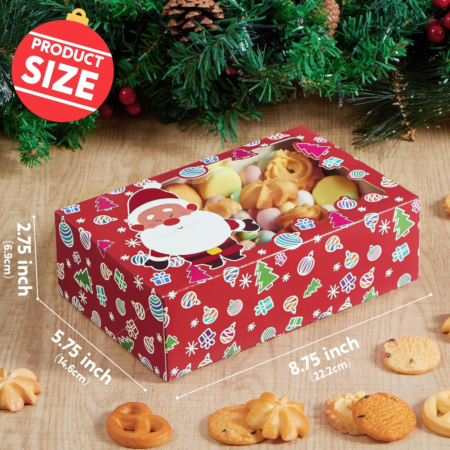 12 PCS Christmas Cookie Boxes for Gift Giving, 8.75" X 5.75" X 2.75" Bakery Treat Boxes Containers with Window for Xmas Holiday Birthday Party Pastries, Cupcakes, Brownies, Donuts, Baked Goods