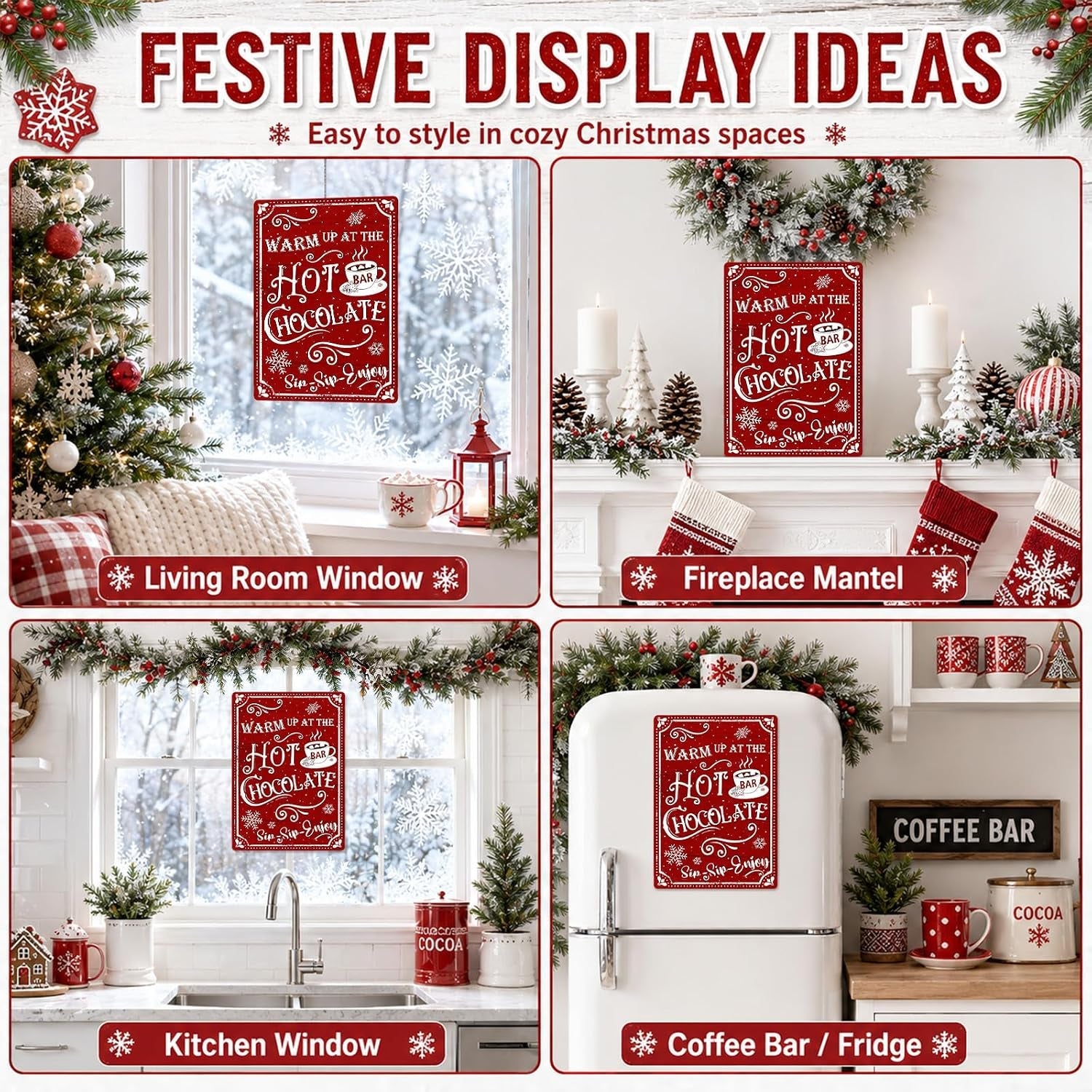 Hot Cocoa Station Sign, Metal Christmas Kitchen Accessories for Wall Decor