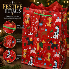 4 Pack of Christmas Dog Gift Bags with Handles, 2 Medium 26 X 15 X 33 Cm & 2 Small 21.5 X 10 X 25.3 Cm, Xmas Present Bags, Festive Gift Packaging for Family Friends Christmas Presents