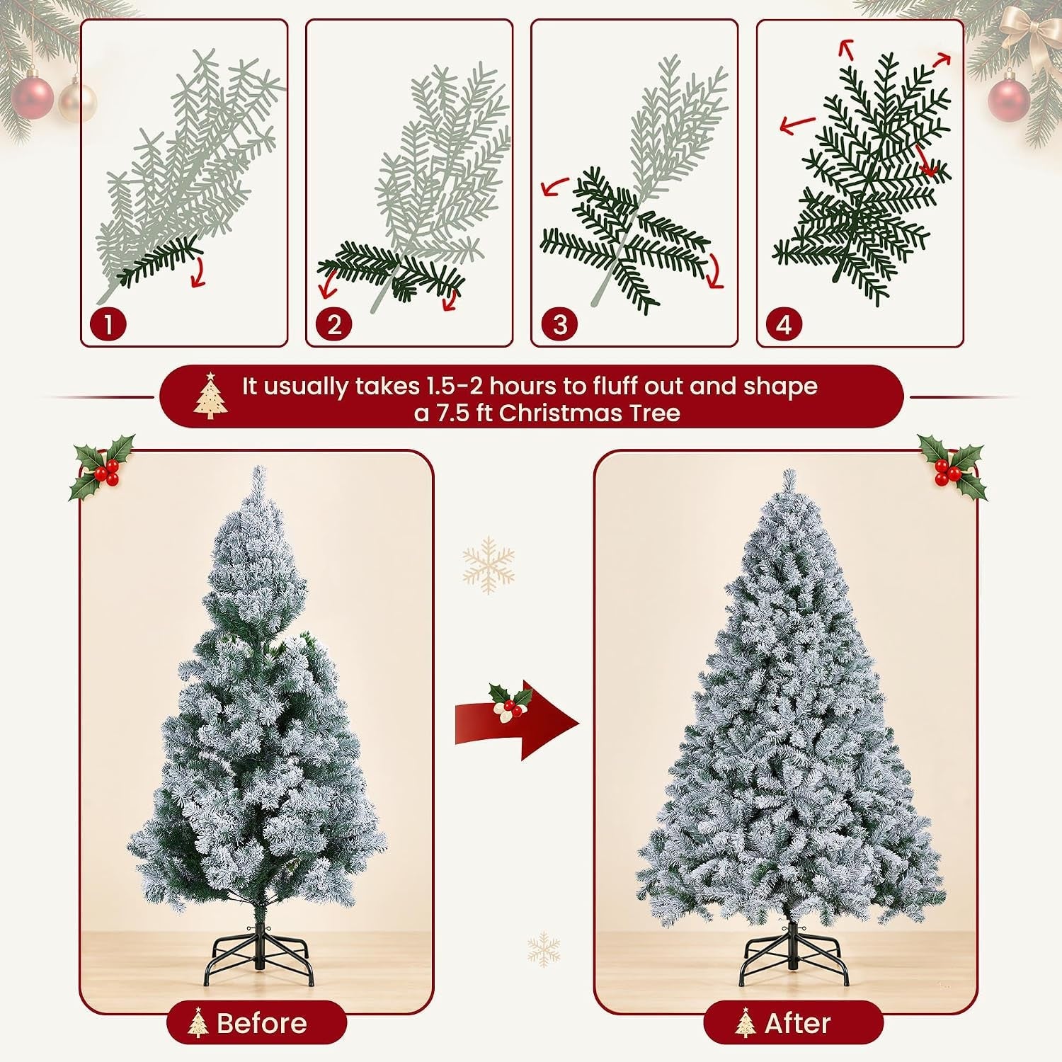 7.5Ft Snow Flocked Artificial Tree, Foldable Stand, Green & White