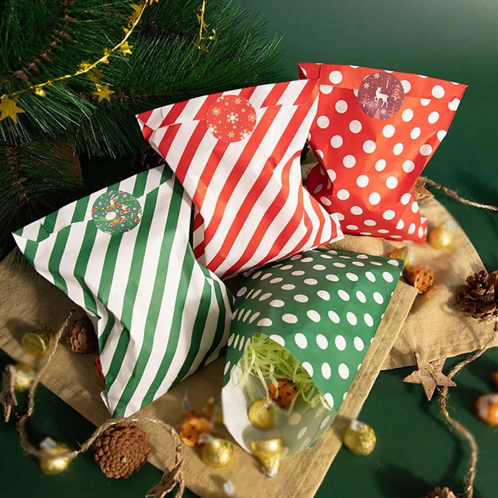 96 Pcs Small Christmas Paper Treat Bags Candy Buffet Bags Flat Cookie Bags Sleeves for Packaging Doughnut Bags for Holiday Party Favor Bags