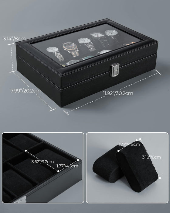 Watch Box with 12 Slots, Watch Case with Glass Lid, PU Leather Watch Holder with Velvet Pillows, Watch Storage Box for Men and Women, Gift Idea for Birthday Father'S Day Christmas