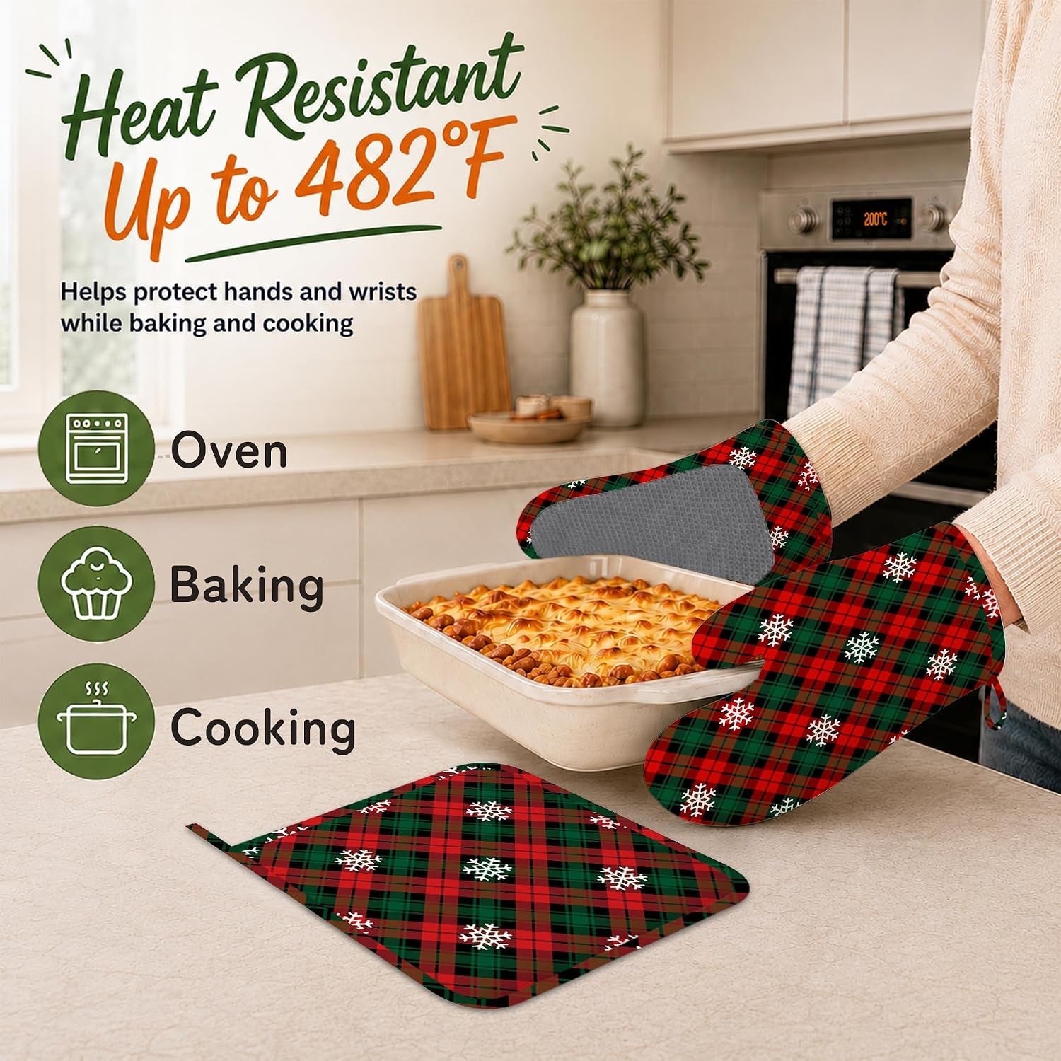 Oven Mitts and Pot Holders Red Green Plaids Silicone Kitchen Accessories Set of 4 Heat Resistant Gloves Retro Christmas Plaid Potholder Non-Slip Grip for Chef Cooking Baking Grilling BBQ