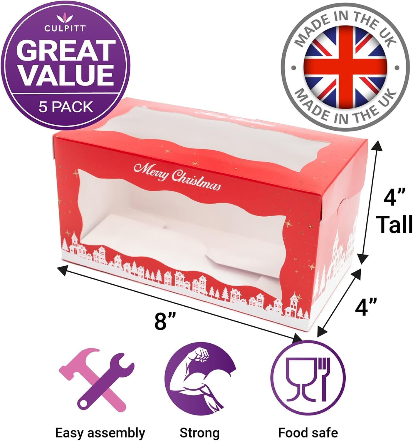 Christmas Log Boxes | 5 Pack | Red & Gold Christmas Display Boxes with See through Window, Strong Cake Boxes for the Festive Holidays | 8" X 4" - 5 Pack