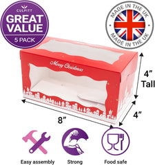 Christmas Log Boxes | 5 Pack | Red & Gold Christmas Display Boxes with See through Window, Strong Cake Boxes for the Festive Holidays | 8" X 4" - 5 Pack