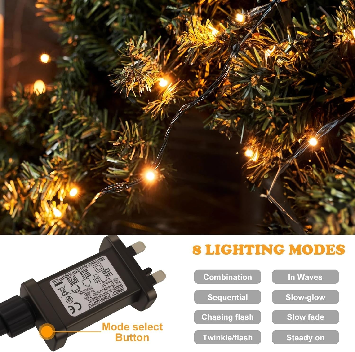 Christmas Tree Lights Plug In,20M 200 LED Outdoor Fairy Light Mains Powered, Waterproof Warm White String Light with Remote/8 Modes/Timer for outside Indoor Garden Bedroom Decorations