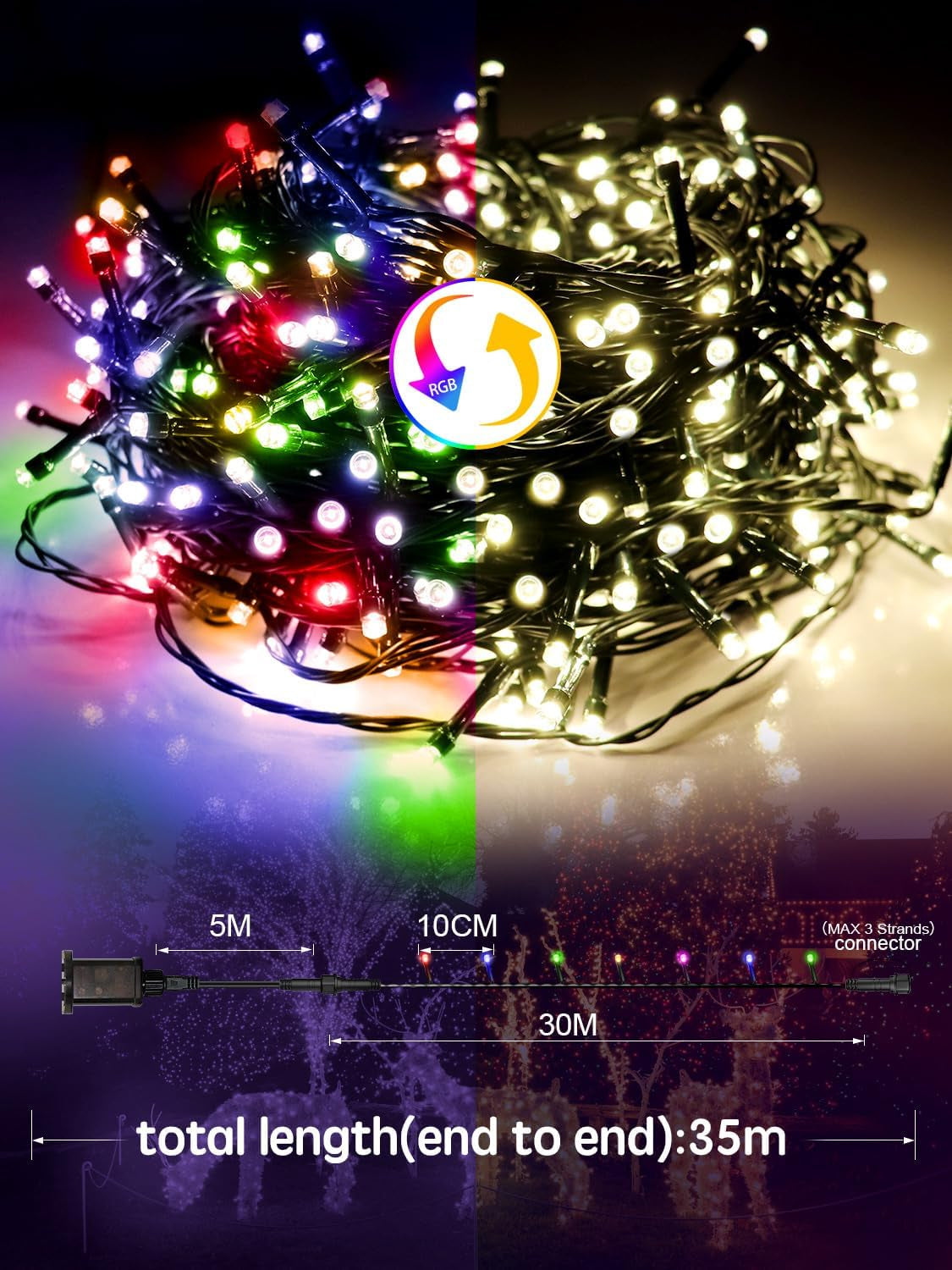 Christmas Tree Lights 35M, 300 LED Christmas Lights Outdoor Warm+Multicolor