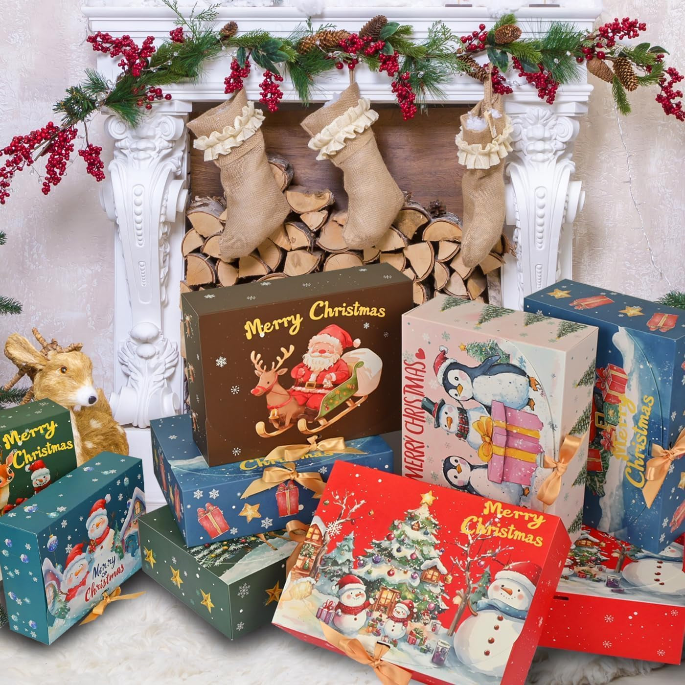 12Pcs Christmas Boxes Gift Boxes with Lids, 27CM X 20CM X 8CM Christmas Kraft Paper Gift Box Snowman Santa Claus Penguin Elk Box with Gold Ribbon for Christma Party Present Packaging