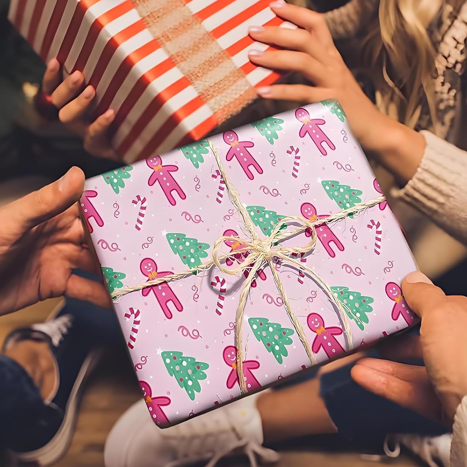 6Pcs Different Patterns Xmas Wrapping Paper + 3 Colored Ribbons Set, Cute Wrapping Paper Xmas Gift Wrap Supplies, Perfect for Holiday Presents, DIY Gift & Festive Packaging ﻿