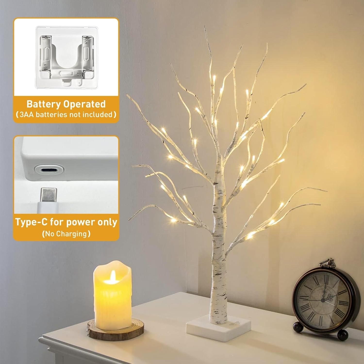 Set of 2- White Christmas Tree with Lights 2FT Tabletop Birch Tree with 24 Warm White Leds Battery Operated Light up Twig Tree for Home Party Wedding Easter Christmas Decoration