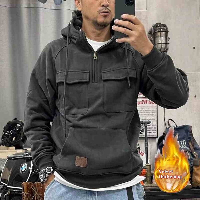 Retro Tough Guy Zipper Fleece-lined Thickened Work Clothes Motorcycle Hooded Jacket