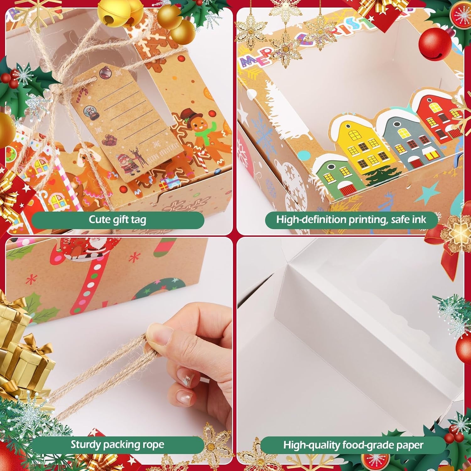 12Pcs Christmas Cup Cake Boxes,  16 * 16 * 7.5Cm Gift Boxes with Window+Rope+Gift Tag Gift Box Baking Packaging Christmas Tree Santa Claus DIY Snack Candy Cookies Food Box for Xmas Party Bakery