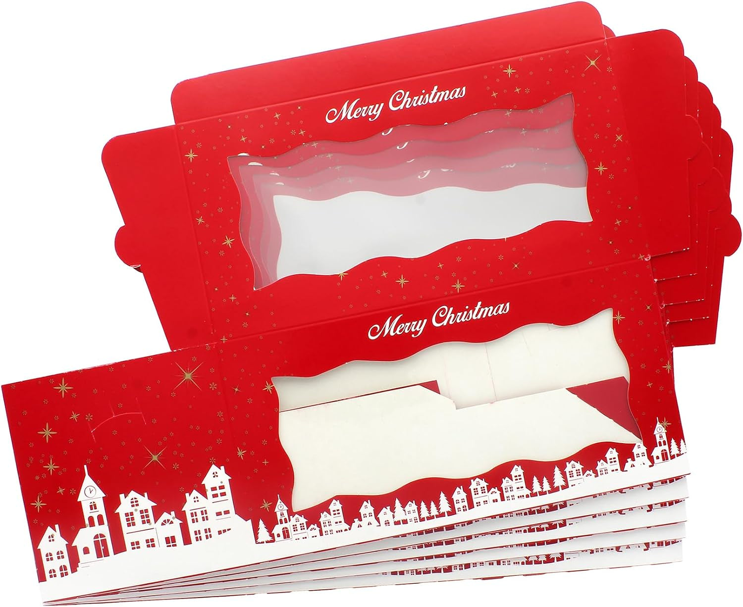Christmas Log Boxes | 5 Pack | Red & Gold Christmas Display Boxes with See through Window, Strong Cake Boxes for the Festive Holidays | 8" X 4" - 5 Pack