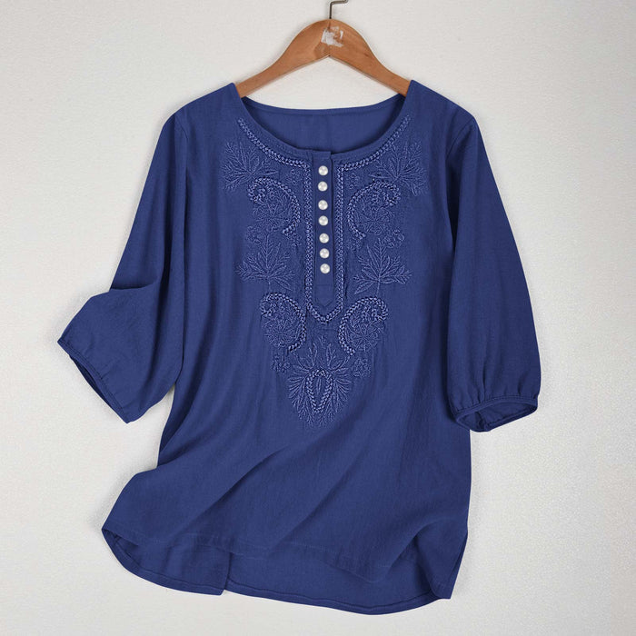 Artistic Retro Loose Design Embroidered Crew Neck Thin Cotton And Linen Women's Top