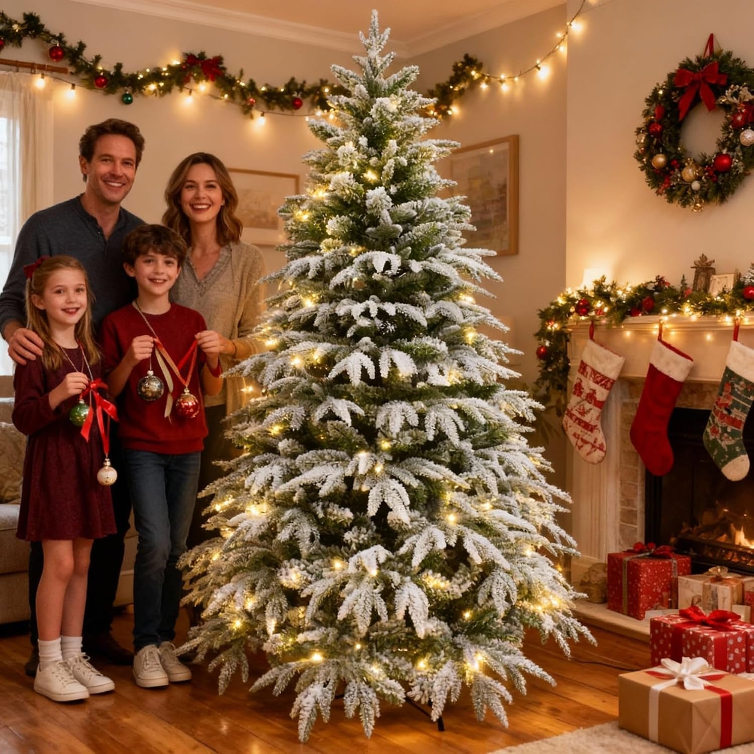 7Ft/2.1M Pre-Lit Artificial Christmas Tree Lapland Fir - 320 LED Warm White Lights, Snow Flocked 1205 PE/PVC Tips, Snowy Bushy Hinged Branches, Metal Stand for Xmas Home Decorations