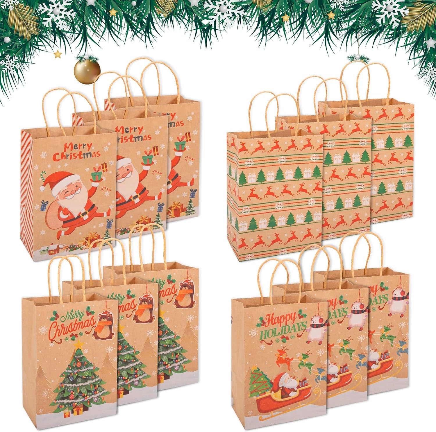 Christmas Kraft Paper Bags,  12 Pieces Xmas SMALL Assorted Paper Goodie Bags Bulk with Handle for Christmas Party Favor Supplies 145X210X80 Mm (Brown)