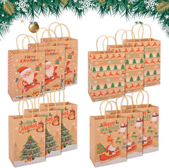 Christmas Kraft Paper Bags,  12 Pieces Xmas SMALL Assorted Paper Goodie Bags Bulk with Handle for Christmas Party Favor Supplies 145X210X80 Mm (Brown)