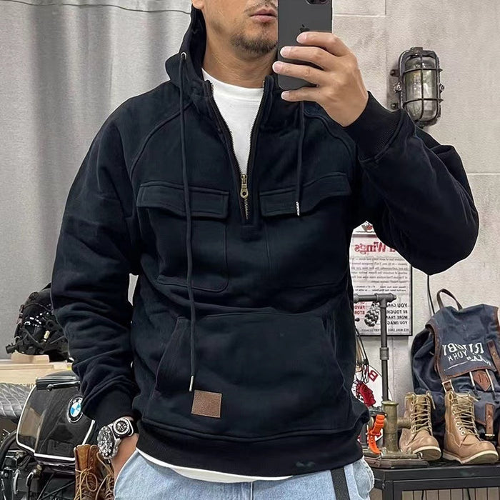 Retro Tough Guy Zipper Fleece-lined Thickened Work Clothes Motorcycle Hooded Jacket