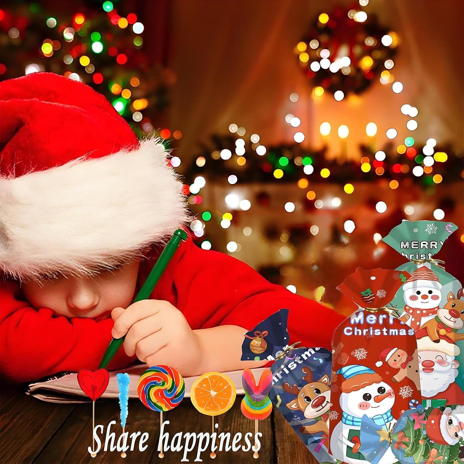 50Pcs Christmas Cellophane Candy Bags,Santa Snowman Elk Xmas Sweets Bag Loot Cookie Snack Treat Bag with Twist Tie,Wonder Wrap Gift Bag for Christmas Party Favor Supplies
