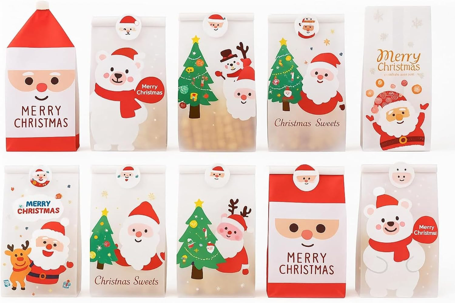 Christmas Gifting Bags 10 Pack – Assorted Xmas Wrapping Bags for Small Gifts, Stocking Fillers, Cookies, Popcorn & Secret Santa Presents – Reusable Christmas Snack Gift Party (Sticker Not Included)