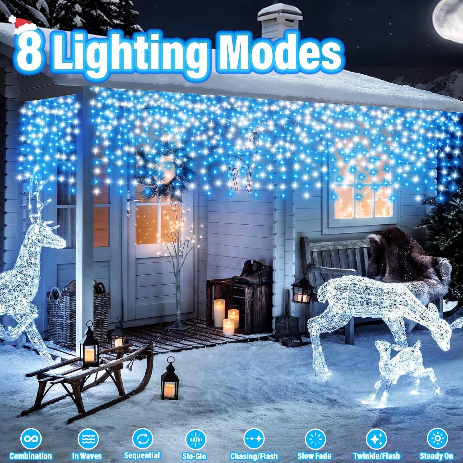 Christmas Icicle Lights Outdoor Blue White 480LED 50FT Icicle Christmas Lights with 8 Modes Timer Waterproof, for Eaves, Pavilion, Fences, Patio, Gardens, White&Blue